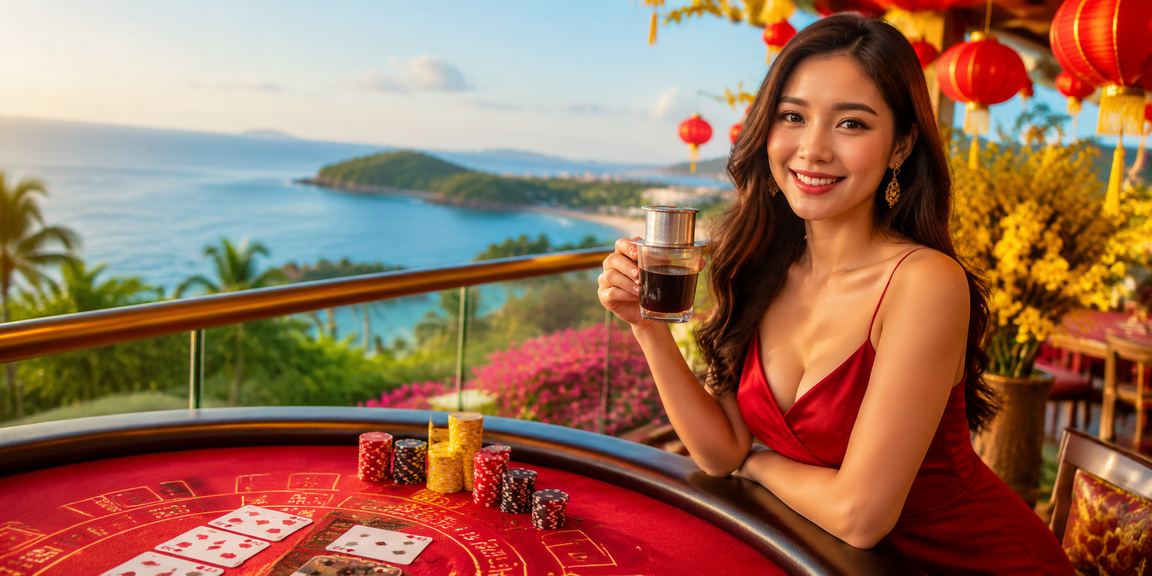 Người chơi baccarat thư giãn bên tách cà phê tại Phú Quốc